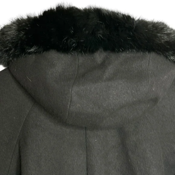 Vintage 90s DONNYBROOK Womens Full Length Wool Hooded Coat Rabbit Fur Trim Hood